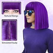 tanie Peruki imprezowe-Fioletowa peruka typu bob z grzywką, krótka, prosta, ciemnofioletowa peruka typu bob dla kobiet, do ramion, syntetyczna, odporna na ciepło, z płaską grzywką, na co dzień, na imprezę, cosplay,