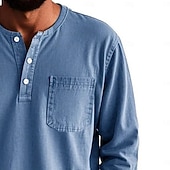 お買い得  カジュアルヘンリーTシャツ-男性用 ヘンリーシャツ Tシャツ コットン100% アシッドウォッシュシャツ ヘンリートップ 長袖 純色 平織り ヴィンテージ ファッション レトロ風 色褪せた ボタン ヘンリー カジュアル 日常 アウトドア 夏 春 オールシーズン ブルー ダークレッド ブラック ヘンリーTシャツ