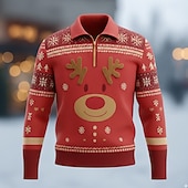 お買い得  クリスマス動物衣装-クリスマス 男性用 カートゥン 各 ポロ 長袖 折襟 近代の レジャー スポーツ カジュアル／普段着 ジッパー 3Dプリント 春 秋 冬 ルビーレッド グリーン アプリコット