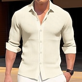 preiswerte Freizeithemden für Herren-Herren Hemd Waffelhemd Freizeithemd Knopfhemd Schwarz Weiß Blau Kaki Langarm Einfach Umlegekragen Outdoor Party Bekleidung Mode Streetwear Modern Lässig