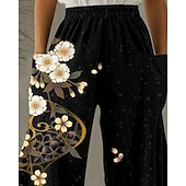 preiswerte Grafikhosen-Damen Weites Bein Hosen Hose Urlaub Vintage Ethno-Stil Volle Länge Hohe Taille Blumen Tasche Elastischer Bund Druck Bequem Atmungsaktivität Unelastisch Lässig Täglich Urlaub Schwarz Sommer Frühling