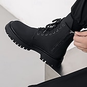 Svarte herrestøvler med snøring og glidelås på siden til kamp, slitesterkt kunstskinn, militærinspirert stil for utendørs-, arbeids- og streetwear-mote billige Arbeidsstøvler-Svarte herrestøvler med snøring og glidelås på siden til kamp, slitesterkt kunstskinn, militærinspirert stil for utendørs-, arbeids- og streetwear-mote