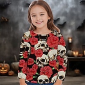 billiga Flickans Halloween kostymer-Halloween Flickor 3D Blommig Dödskalle T-shirt Långärmad Vår Höst Mode Grundläggande Barn 4-12 år Rund hals Utomhus Ledigt Dagligen Normal