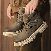 olcso Harci bakancs-Fekete műbőr férfi fűzős csizma vastag talppal és katonai stílussal – tökéletes Harley-Davidson motorosoknak, punk rockereknek, hétköznapi viseletnek és trendi utcai divatnak.