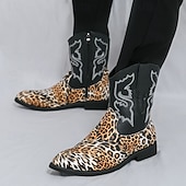 tanie Kowboj i zachodnie buty-Kowbojskie buty męskie z nadrukiem w panterkę – egzotyczne, skórzane buty w stylu western do połowy łydki, idealne na rodeo, występy sceniczne i modowe imprezy