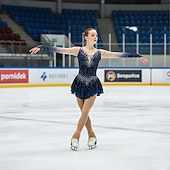 cheap Figure Skating Dresses-Figure Skating Dress Women's Girls' Ice Skating Dress Navy Blue Open Back Asymmetric Hem Mesh High Elasticity Training Competition Skating Wear Classic Crystal / Rhinestone Long Sleeve Ice Skating Figure
