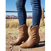 levne Cowboy &amp; Western Boots-pánské vintage hnědé kotníkové westernové boty z umělé kůže - nouzový povrch s vypletenými detaily, pohodlný blokový podpatek pro běžné i venkovní nošení