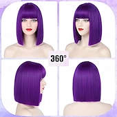 tanie Peruki imprezowe-Fioletowa peruka typu bob z grzywką, krótka, prosta, ciemnofioletowa peruka typu bob dla kobiet, do ramion, syntetyczna, odporna na ciepło, z płaską grzywką, na co dzień, na imprezę, cosplay,