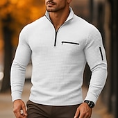 preiswerte Herren Klassisches Polo-Herren Waffel-Poloshirts Urlaub Arbeit Viertelreißverschluss Langarm Mode Bequem Farbblock Reißverschluss Tasche Frühling &amp; Herbst Normale Passform Schwarz Weiß Marineblau Orange Waffel-Poloshirts