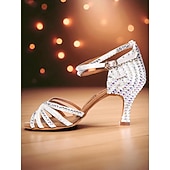 cheap Latin Shoes-Women's Black Rhinestone Latin Dance Sandals - Strappy Glitter Professional Ballroom Shoes with Ankle Strap and Mid Heels for Salsa, Tango and Performance