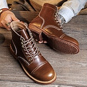 abordables Bottes de travail-Bottines à lacets en similicuir marron pour homme avec surpiqûres rétro – bottines de travail décontractées pour l&#039;extérieur, idéales au quotidien