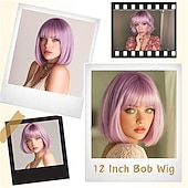 tanie Peruki imprezowe-12-calowa krótka peruka typu bob w kolorze różowo-fioletowym z grzywką, kolorowa peruka na Halloween, codzienny cosplay &amp;Peruki imprezowe odporne na ciepło, proste, syntetyczne, cosplay,