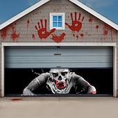 cheap Halloween Garage Door Cover-Halloween Haunted Garage Door Cover, Scary Ghost with Blood Footprints and "I SEE YOU" Print, Creepy Horror Decoration for Outdoor Yard, House, or Party 2025