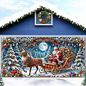 Christmas Garage Door Cover 2025 Xmas Santa Sleigh with Reindeer in Snowy Forest Backdrop Banner, Holiday Outdoor Garage Decoration for Home, Yard, Party4
