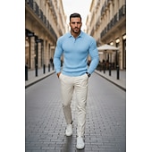 Недорогие Мужская Классическая Поло-Муж. Вязаный топ в рубчик Рубашки-поло для гольфа Для улицы Повседневные Лацкан Длинный рукав Классический Современное Полотняное плетение Пуговицы Весна Осень Все сезоны Приталенный крой