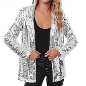 ieftine Blazere și costume-Pentru femei Jachetă cămașă Blazer Comfortabil Respirabil Sequin Modă Zilnic Simplu În aer liber Casual Zilnic Regulat Rever Fit regulat Manșon Lung Îmbrăcăminte exterioară Argintiu Negru Roșu Vin