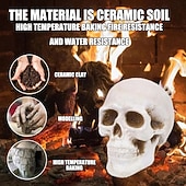 economico Decorazioni per Halloween all&#039;aperto-1 pezzo di braciere ignifugo in ceramica per Halloween, teschio, statuetta a forma di testa di scheletro in fiamme per camino o braciere, spaventoso accessorio per feste di Halloween e spaventosa