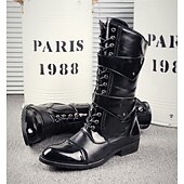 abordables Chaussures pour Hommes-Bottes noires punk rock montantes pour homme – cuir verni brillant avec brides à boucles multiples et lacets sur le devant pour tenues gothiques, motardes, de concert et d&#039;Halloween