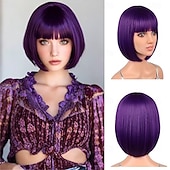 tanie Peruki imprezowe-12-calowa krótka peruka typu bob w kolorze różowo-fioletowym z grzywką, kolorowa peruka na Halloween, codzienny cosplay &amp;Peruki imprezowe odporne na ciepło, proste, syntetyczne, cosplay,