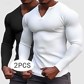 baratos Camiseta de malha waffle-Homens Camisa Waffle Camiseta T-shirt Camisa de manga longa Manga Longa Decote V Henley Primavera &amp; Outono Todas as Estações Tecido Moda Designer Básico 2 Peças Multi-pack Férias Rua Casual C D E Top