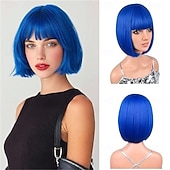 tanie Peruki imprezowe-12-calowa krótka peruka typu bob w kolorze różowo-fioletowym z grzywką, kolorowa peruka na Halloween, codzienny cosplay &amp;Peruki imprezowe odporne na ciepło, proste, syntetyczne, cosplay,
