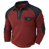 preiswerte T-Shirt mit Waffelstrick-Herren Waffel-T-Shirt Waffel-Henley-Hemd Langarm Revers Viertelreißverschluss Herbst Frühling &amp; Herbst Einfarbig Mode Basic Lässig Taschen Patchwork Straße Lässig Sport Schwarz Wein Marineblau Top