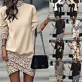 halpa Puserot ja hupparit-Naisten Mini mekko Huppari mekko Tyylikäs Muoti Moderni Loma Päivittäin Bile Normaali Leopardi Pääkallot Raidoitettu Pitkähihainen Poolokaulus Musta ja valkoinen Leopardi Musta Ruskea Syksy Talvi