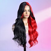 baratos Perucas Sintéticas com Renda-Peruca sintética Ondulado Estilo 28 polegada Multi Cores Parte do meio Parte U Peruca Mulheres Peruca Preto / Vermelho