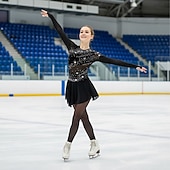 cheap Figure Skating Dresses-Figure Skating Dress Women's Girls' Ice Skating Dress Outfits Black Open Back Asymmetric Hem Spandex Mesh High Elasticity Competition Skating Wear Sequin Long Sleeve Figure Skating