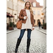 levne Slouch Boots-dámské černé kozačky pod kolena - ležérní kozačky z umělé kůže na plochém podpatku na podzim a zimu