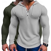 billige Vaffelstrikket T-skjorte-Herre Vaffelskjorte T skjorte T-skjorte Langermet skjorte Langermet Med hette Vår &amp; Vinter Alle årstider عادي Mote Designer Grunnleggende 2 deler Knapper Feriereise Gate Avslappet Army Green + Grey