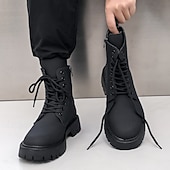 Svarte herrestøvler med snøring og glidelås på siden til kamp, slitesterkt kunstskinn, militærinspirert stil for utendørs-, arbeids- og streetwear-mote billige Arbeidsstøvler-Svarte herrestøvler med snøring og glidelås på siden til kamp, slitesterkt kunstskinn, militærinspirert stil for utendørs-, arbeids- og streetwear-mote