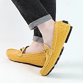 cheap Casual Loafers-Men's Yellow Ostrich Pattern Loafers with Metal Buckle, Casual Slip-On Driving Moccasins for Business, Summer Parties and Everyday Wear
