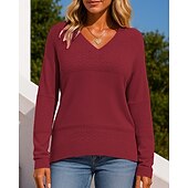billiga Huvtröja &amp; Sweatshirt-Dam Stickad tröja Pullover tröja Ihålig Långärmad Överdelar Fritids- Höst V-hals Färgblock Mode Utomhus Resor Sport Sportkläder Sportkläder Vinrött Svart Vit