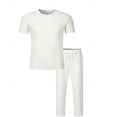 ieftine Seturi de tricouri de bază pentru bărbați-Bărbați Costume de tricou Seturi de cămașă și pantaloni tinute 2 piese Manșon scurt Crewneck Vară Primăvară Simplu Modă Casual Jacquard 2 bucăți Vacanță Purtare Zilnică Ieșire Negru Alb Kaki Top