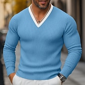 preiswerte Geripptes Strick-T-Shirt-Herren T Shirt Muskelshirt Geripptes Strick-T-Shirt T-Shirt Langarm V Ausschnitt Frühling Herbst Winter Einfach Grubenstreifen Mode Designer Basic Stricken Urlaub Straße Lässig Schwarz Blau Purpur