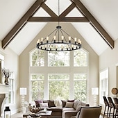 olcso Gyertya-led csillár fekete kerekeken 20 fényes nagy kerek rusztikus vidéki csillár ipari lámpatest étkezőbe nappali konyha sziget előtér előszoba