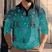 billiga Julgransoutfit-Jul Herr Lyktor Polo Långärmad Polotröjor Kavajslag Ledigt Utomhus Gata Fritids- Festival outfit 3D-utskrift Knappar Vår Höst Vinter Rubinrött Purpur Grön