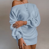 voordelige Trui Jurken-Dames Mini-jurk Trui-jurk Modieus Modern Lantaarn mouw Dagelijks Uitgaan Weekend Normale pasvorm Effen Lange mouw Schouderafhangend Zwart Wit Blozend Roze blauw Lente Herfst