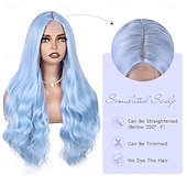 economico Parrucche da festa-parrucca blu lunga parrucca azzurra per donna in fibra sintetica resistente al calore onda completa 3d colore alla moda per cosplay &amp;uso quotidiano