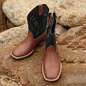 Men's Classic Cowboy Boots – Two-Toned Brown and Black Faux Leather with Distinct Stitching, Timeless Western Design for Casual Wear, Outdoor Adventures and Rodeo Events cheap Cowboy & Western Boots-Men's Classic Cowboy Boots – Two-Toned Brown and Black Faux Leather with Distinct Stitching, Timeless Western Design for Casual Wear, Outdoor Adventures and Rodeo Events