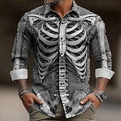 voordelige Halloween T-shirts-Halloween Voor heren 3D Print Skelet Overhemd Overhemd met knopen Lange mouw Donkere punkgotiek Buiten Feestdagen Zomer Lente Strijkijzer 3D-afdrukken shirts met kraag Goud Bruin Groen Grijs