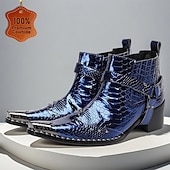 cheap Premium Leather Boots-Men's Premium Cowhide Blue Croc Pattern Leather Chelsea Boots, Stylish Harley Motorcycle Boots for Rock Concerts, Parties, Nightclub Fashion and Stage Wear