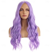economico Parrucche da festa-parrucca viola, parrucche lunghe e ondulate per donne, parrucche sintetiche viola lavanda per feste quotidiane