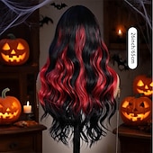 preiswerte Party Perücken-Synthetische Perücken Bodywave Gewellt Mittelscheitel Gerader Pony Perücke 26 Zoll Schwarz / Rot Synthetische Haare 26 Zoll Damen Weich Bequem Mehrfarbig