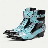 economico Stivali in pelle di alta qualità-stivaletti da cowboy vintage da uomo – vera pelle di vacchetta con motivo blu, punta affilata e cinturini con fibbia per balli western, spettacoli teatrali e abbigliamento da festa