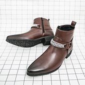 levne Dámské boty-Pánské hnědé chelsea boty z umělé kůže s řetízkovým akcentem, elegantní a moderní vzhled pro formální kancelářské oblečení, večírky a večerní vycházky.