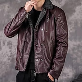 cheap Faux Leather Jackets-Men's Faux Leather Jacket Fleece Jacket Biker Jacket Motorcycle Jacket Daily Vacation Windproof Warm Pocket Fall Winter Plain Fashion Classic Lapel Regular Faux Leather Black Wine Jacket