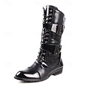 abordables Chaussures pour Hommes-Bottes noires punk rock montantes pour homme – cuir verni brillant avec brides à boucles multiples et lacets sur le devant pour tenues gothiques, motardes, de concert et d&#039;Halloween