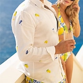 preiswerte Essen &amp; Getränke-Herren Zitronengelb Hemd Sommer Hawaiihemd Alohahemd Langarm Hemd Umlegekragen Tropisch Mode Streetwear Straße Lässig Hawaiianisch Weiß S M L